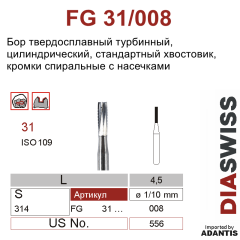 FG 31/008- бор твердосплавный, повышенной эффективности с рельефной кромкой, цилиндр с плоским концом, размер 008